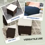 2 Pieces Wicker Outdoor Ottomans with Cushions, Rattan Ottoman Footrest and Side Table for Patio Yard Poolside, Beige - Image 7