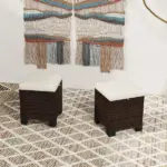 2 Pieces Wicker Outdoor Ottomans with Cushions, Rattan Ottoman Footrest and Side Table for Patio Yard Poolside, Beige - Image 9