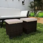 2 Pieces Wicker Outdoor Ottomans with Cushions, Rattan Ottoman Footrest and Side Table for Patio Yard Poolside, Cream - Image 2