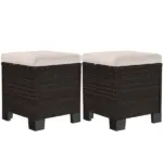 2 Pieces Wicker Outdoor Ottomans with Cushions, Rattan Ottoman Footrest and Side Table for Patio Yard Poolside, Cream