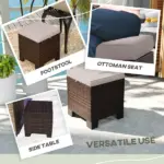 2 Pieces Wicker Outdoor Ottomans with Cushions, Rattan Ottoman Footrest and Side Table for Patio Yard Poolside, Cream - Image 7