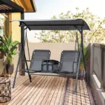 Outsunny 2-Seat Outdoor Porch Swing, with Pivot Storage Table, Adjustable Tilt Canopy, Anti-Slip Foot Pad, Breathable Mesh Seat, Grey - Image 2