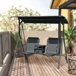 2-Seat Outdoor Porch Swing, with Pivot Storage Table, Cup Holder, and Adjustable Overhead Canopy, Stand's Skid-Resistant Feet Pad, Breathable Mesh Seat, Steel Frame, for Patio, Black - Image 2