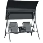 2-Seat Outdoor Porch Swing, with Pivot Storage Table, Cup Holder, and Adjustable Overhead Canopy, Stand's Skid-Resistant Feet Pad, Breathable Mesh Seat, Steel Frame, for Patio, Black - Image 12