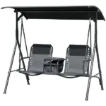 2-Seat Outdoor Porch Swing, with Pivot Storage Table, Cup Holder, and Adjustable Overhead Canopy, Stand's Skid-Resistant Feet Pad, Breathable Mesh Seat, Steel Frame, for Patio, Black