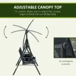 2-Seat Outdoor Porch Swing, with Pivot Storage Table, Cup Holder, and Adjustable Overhead Canopy, Stand's Skid-Resistant Feet Pad, Breathable Mesh Seat, Steel Frame, for Patio, Black - Image 4