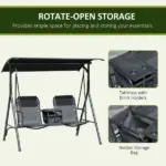 2-Seat Outdoor Porch Swing, with Pivot Storage Table, Cup Holder, and Adjustable Overhead Canopy, Stand's Skid-Resistant Feet Pad, Breathable Mesh Seat, Steel Frame, for Patio, Black - Image 6