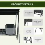 2-Seat Outdoor Porch Swing, with Pivot Storage Table, Cup Holder, and Adjustable Overhead Canopy, Stand's Skid-Resistant Feet Pad, Breathable Mesh Seat, Steel Frame, for Patio, Black - Image 7