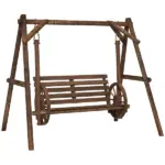 2-Seat Porch Swing with A-Frame Stand, Wooden Log Patio Swing Chair Bench with Wagon Wheel Armrests, Carbonized Brown - Image 11
