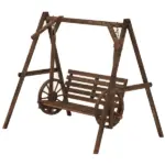 2-Seat Porch Swing with A-Frame Stand, Wooden Log Patio Swing Chair Bench with Wagon Wheel Armrests, Carbonized Brown