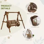 2-Seat Porch Swing with A-Frame Stand, Wooden Log Patio Swing Chair Bench with Wagon Wheel Armrests, Carbonized Brown - Image 6