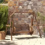 2-Seat Porch Swing with A-Frame Stand, Wooden Log Patio Swing Chair Bench with Wagon Wheel Armrests, Carbonized Brown - Image 10