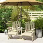 Outsunny 2-Seat Wooden Garden Bench with Table, Umbrella Hole, High Backrest, Armrests for Backyard, Patio, Garden, Natural Wood - Image 9