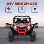 Qaba 2 Seater 24V Kids Electric Car with Remote Control, 3 Speed, LED Lights, Music, Horn, Spring Suspension, Slow Start, Red - Image 4