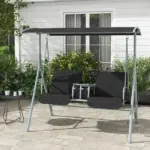 2-Seater Outdoor Porch Swing with Canopy and Table, Patio Swing Chair for Garden, Poolside, Backyard, Black - Image 2