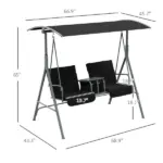 2-Seater Outdoor Porch Swing with Canopy and Table, Patio Swing Chair for Garden, Poolside, Backyard, Black - Image 3