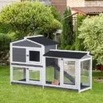 2-Story Rabbit Hutch Wooden Bunny Cage with Ramp Weatherproof Roof Gray - Image 2