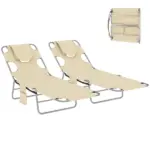 2 Tanning Chairs with Face Hole, 5-Level Adjustable Outdoor Chaise Lounge Chair with Pillow for Beach, Pool, Beige - Image 11