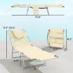 2 Tanning Chairs with Face Hole, 5-Level Adjustable Outdoor Chaise Lounge Chair with Pillow for Beach, Pool, Beige - Image 3