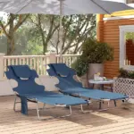 Outsunny 2 Tanning Chairs with Face Hole, 5-Level Adjustable Outdoor Chaise Lounge Chair with Pillow for Beach, Pool, Dark Blue - Image 9