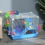 PawHut 2-Tier Hamster Cage Gerbil House with Portable Carry Handles, Anti-Pinning, Plastic Tray, Water Bottle, Food Dishes, Blue - Image 2