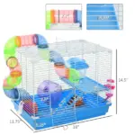 PawHut 2-Tier Hamster Cage Gerbil House with Portable Carry Handles, Anti-Pinning, Plastic Tray, Water Bottle, Food Dishes, Blue - Image 3