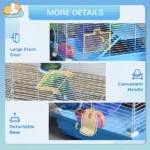 PawHut 2-Tier Hamster Cage Gerbil House with Portable Carry Handles, Anti-Pinning, Plastic Tray, Water Bottle, Food Dishes, Blue - Image 6