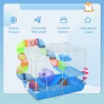 PawHut 2-Tier Hamster Cage Gerbil House with Portable Carry Handles, Anti-Pinning, Plastic Tray, Water Bottle, Food Dishes, Blue - Image 7