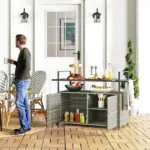 Outsunny 2-Tier Shelf PE Rattan Outdoor Bar Table, Glass Top Outdoor Serving Cart with Cabinet, Mixed Gray - Image 2