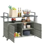 Outsunny 2-Tier Shelf PE Rattan Outdoor Bar Table, Glass Top Outdoor Serving Cart with Cabinet, Mixed Gray - Image 11