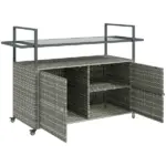 Outsunny 2-Tier Shelf PE Rattan Outdoor Bar Table, Glass Top Outdoor Serving Cart with Cabinet, Mixed Gray - Image 12