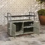 Outsunny 2-Tier Shelf PE Rattan Outdoor Bar Table, Glass Top Outdoor Serving Cart with Cabinet, Mixed Gray - Image 3