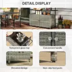 Outsunny 2-Tier Shelf PE Rattan Outdoor Bar Table, Glass Top Outdoor Serving Cart with Cabinet, Mixed Gray - Image 8