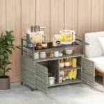 Outsunny 2-Tier Shelf PE Rattan Outdoor Bar Table, Glass Top Outdoor Serving Cart with Cabinet, Mixed Gray - Image 9