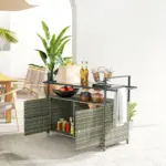 Outsunny 2-Tier Shelf PE Rattan Outdoor Bar Table, Glass Top Outdoor Serving Cart with Cabinet, Mixed Gray - Image 10