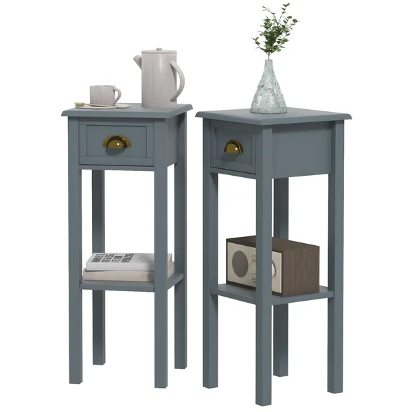 2-tier-side-table-set-of-2-with-drawer-and-shelf-end-tables-for-living-room-hallway-gray.webp 2-Tier Side Table Set of 2, with Drawer and Shelf, End Tables for Living Room, Hallway, Gray - Image 1