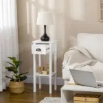 HOMCOM 2-Tier Tall Side Table with Drawer, Narrow End Table for Space Saving, Slim Nightstand with Shelf Metal Knob for Living Room Hallway, White - Image 7