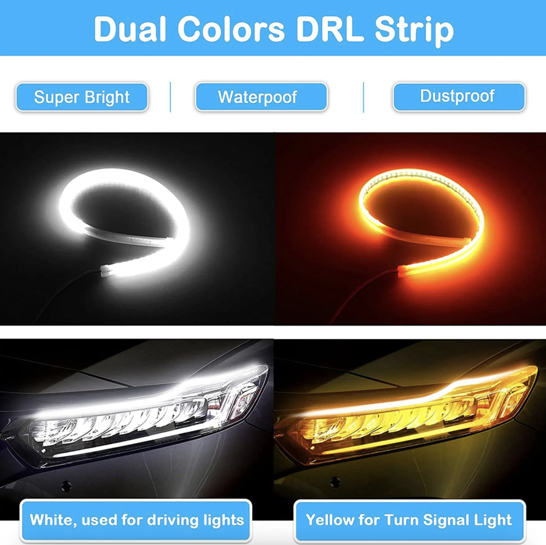 2 Pack 60cm White Amber Sequential LED DRL Turn Signal Strips