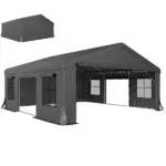 Outsunny 20' x 20' Heavy-Duty Carport, Portable Garage Car Canopy Tent Shelter with 3 Roll-up Doors, 4 Windows, Dark Gray - Image 11