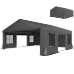 Outsunny 20' x 20' Heavy-Duty Carport, Portable Garage Car Canopy Tent Shelter with 3 Roll-up Doors, 4 Windows, Dark Gray