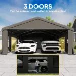 Outsunny 20' x 20' Heavy-Duty Carport, Portable Garage Car Canopy Tent Shelter with 3 Roll-up Doors, 4 Windows, Dark Gray - Image 6