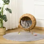 20.5 Weaved Cat Bed Elevated Hand Made Cat House Condo with Cushion Brown - Image 2
