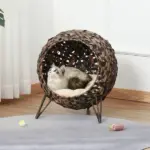 20.5 Woven Wicker Cat Bed Elevated Hand-Woven Braided Banana Leaf Kitten House Condo with Cushion Brown - Image 2