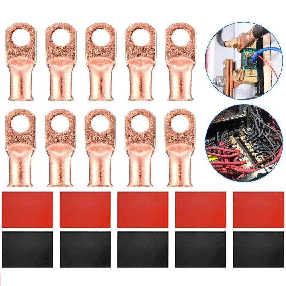 20 Pack 1/0 AWG Copper Ring Lugs with Red and Black Heat Shrink