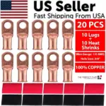 20 Pack 1/0 AWG Copper Ring Lugs with Red and Black Heat Shrink