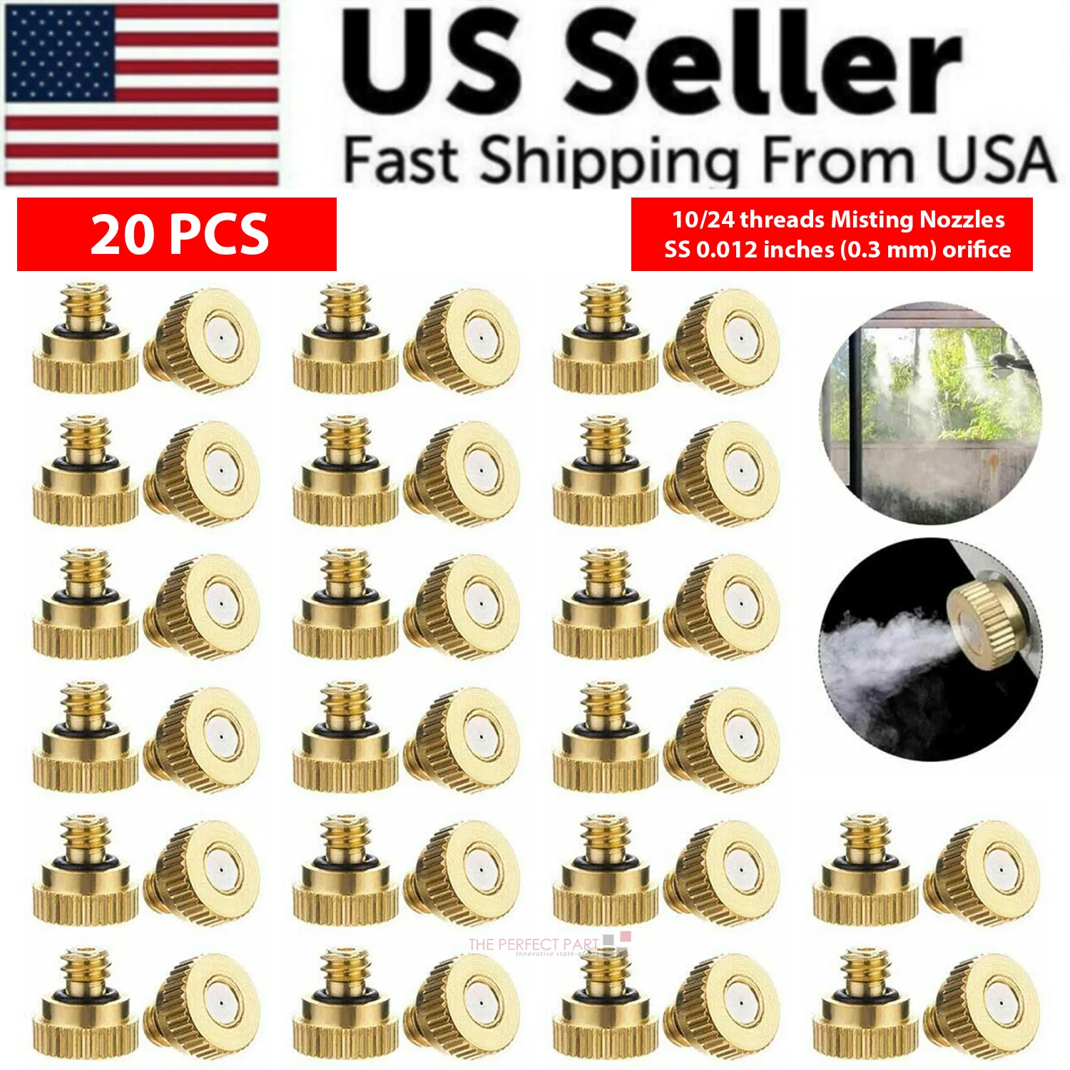 20 Pack Brass Misting Nozzles 0.3mm 10-24 Thread for Outdoor Cooling Systems