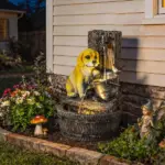 Outsunny 22 Inch Outdoor Fountain with 3-Tier Puppy Theme, Resin Garden Fountain with LED Lights, Adjustable Flow, Rustic Brown - Image 2