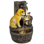 Outsunny 22 Inch Outdoor Fountain with 3-Tier Puppy Theme, Resin Garden Fountain with LED Lights, Adjustable Flow, Rustic Brown