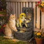 Outsunny 22 Inch Outdoor Fountain with 3-Tier Puppy Theme, Resin Garden Fountain with LED Lights, Adjustable Flow, Rustic Brown - Image 3