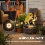 Outsunny 22 Inch Outdoor Fountain with 3-Tier Puppy Theme, Resin Garden Fountain with LED Lights, Adjustable Flow, Rustic Brown - Image 5